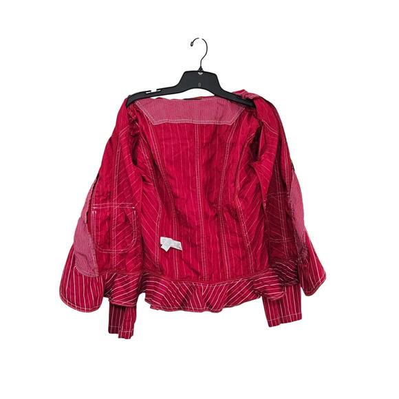 Stefanel Red White Stripped Ruffle Jacket Size 12 Large Button Front 100% Cotton - Picture 4 of 12